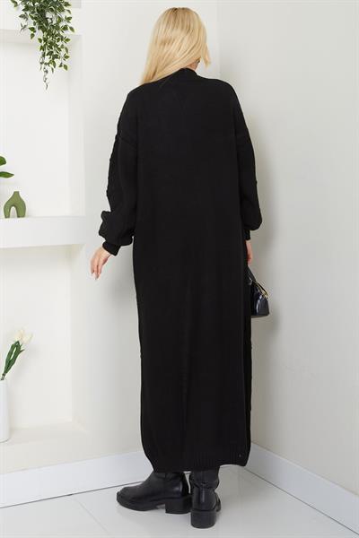 Kiraz Desenli Uzun Triko Hırka Siyah SS2334