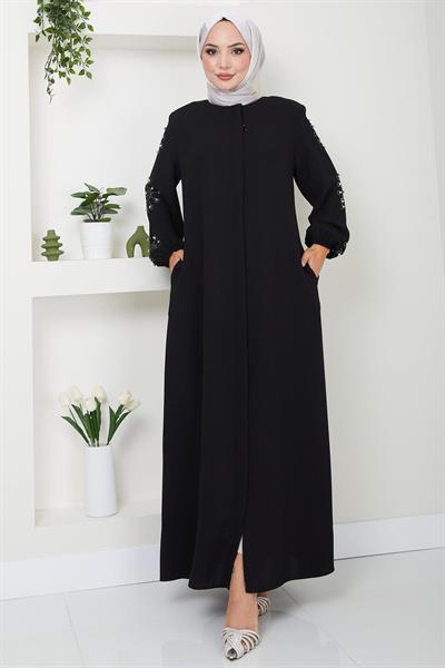 Kolu Taşlı ve İncili Ferace Siyah SS2494