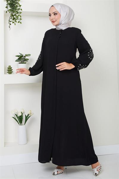 Kolu Taşlı ve İncili Ferace Siyah SS2494
