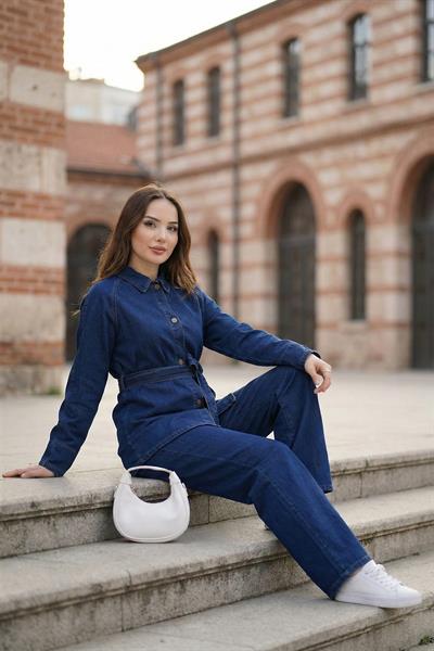 Kuşaklı Düğmeli Pantolonlu Kot Takım SS2876 Mavi