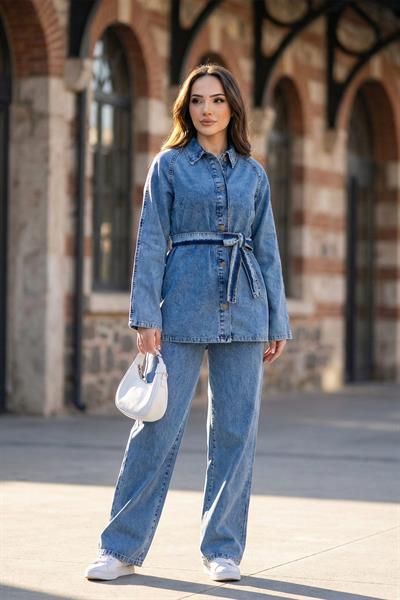 Kuşaklı Düğmeli Pantolonlu Kot Takım SS2876 Açık Mavi