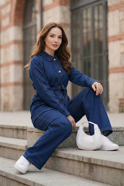 Kuşaklı Düğmeli Pantolonlu Kot Takım SS2876 Koyu Mavi
