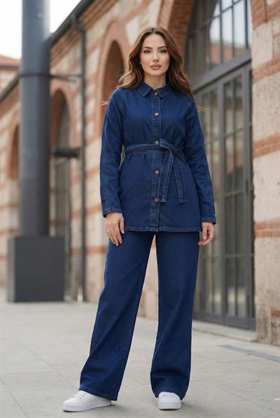 Kuşaklı Düğmeli Pantolonlu Kot Takım SS2876 Mavi
