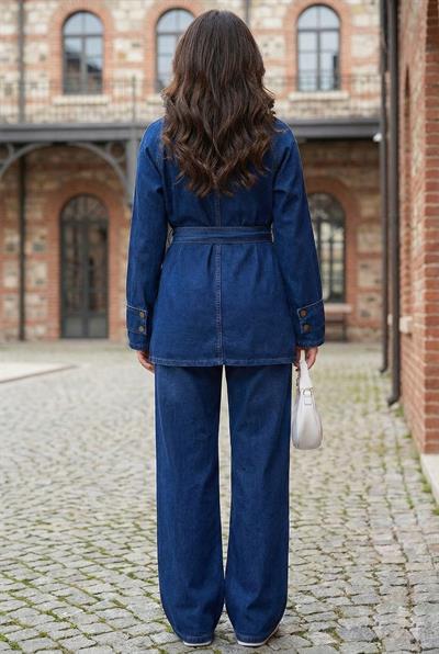 Kuşaklı Düğmeli Pantolonlu Kot Takım SS2876 Koyu Mavi