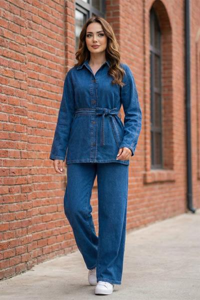 Kuşaklı Düğmeli Pantolonlu Kot Takım SS2876 Mavi