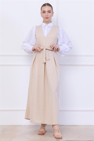 Kuşaklı Pileli Jile Elbise Bej SS2736