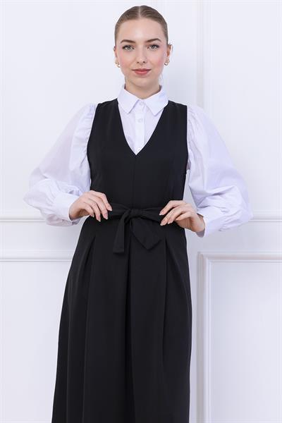 Kuşaklı Pileli Jile Elbise Siyah SS2736