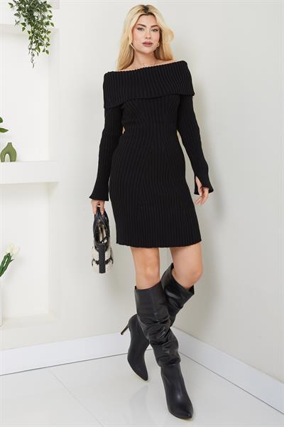 Madonna Yaka Fitilli Triko Elbise Siyah SS2569