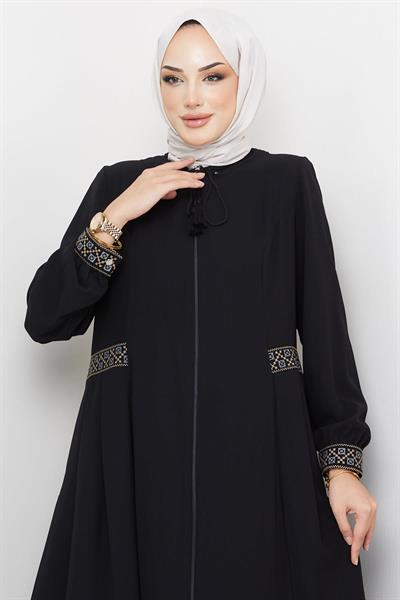Nakışlı Büyük Beden Ferace Siyah SS2280