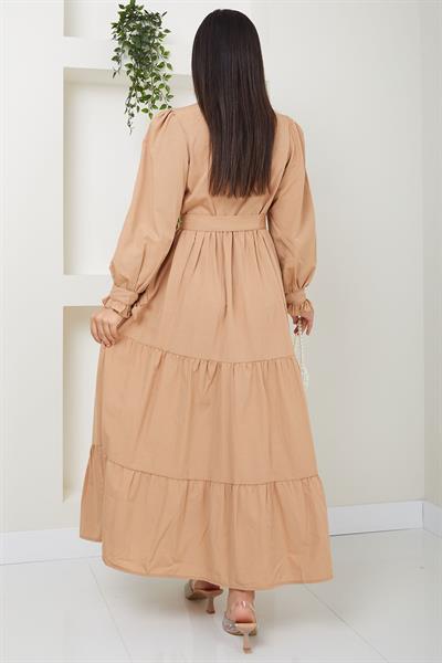 Önü Fırfırlı Kolu Bağlamalı Elbise Camel SS2078