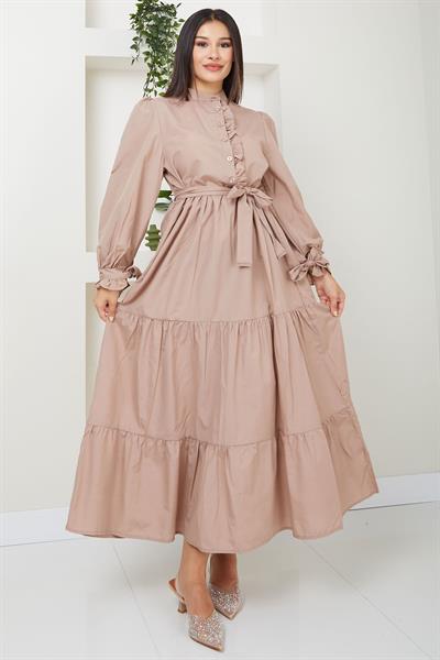 Önü Fırfırlı Kolu Bağlamalı Elbise Vizon SS2078