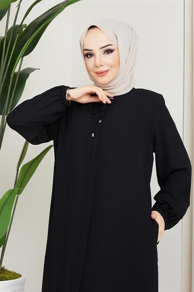Önü Patlı Büyük Beden Siyah Ferace SS2041
