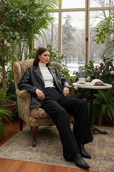 Oversize Kadın Deri Ceket Siyah SS2270