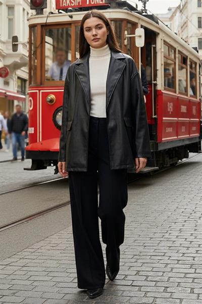 Oversize Kadın Deri Ceket Siyah SS2270