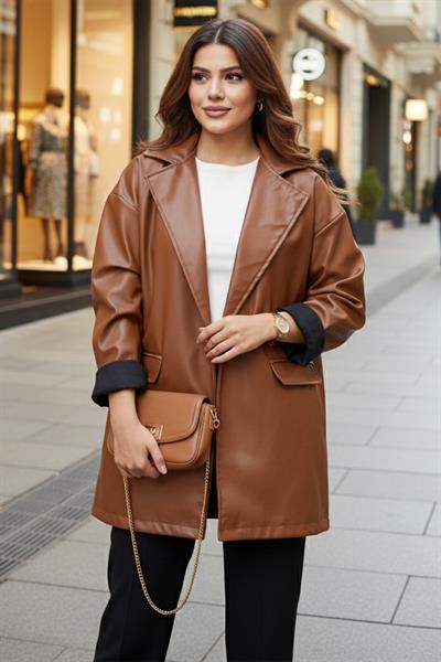 Oversize Kadın Deri Ceket Taba SS2270