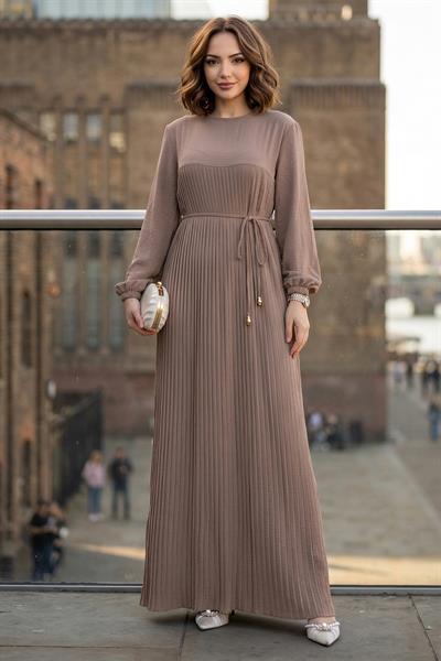 Robalı Bağcıklı Piliseli Ayrobin Elbise Vizon SS2872