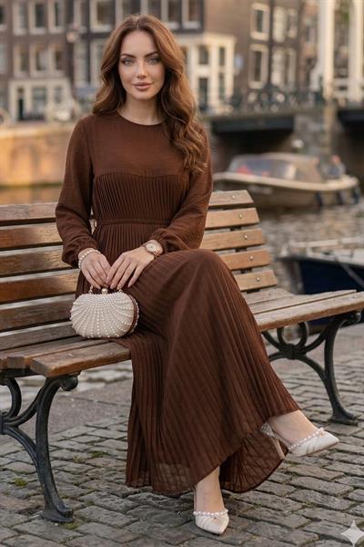 Robalı Bağcıklı Piliseli Ayrobin Elbise Kahverengi SS2872