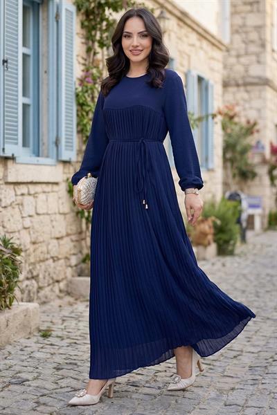 Robalı Bağcıklı Piliseli Ayrobin Elbise Lacivert SS2872