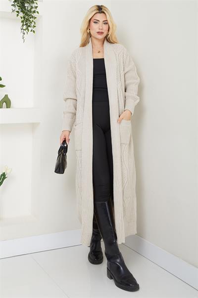 Şal Yaka Cepli Triko Hırka Taş Rengi SS2534