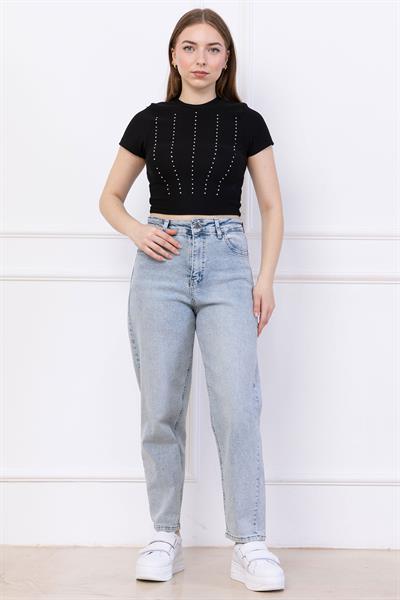 Taş Baskılı Crop Siyah SS2744