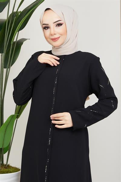 Taş Detaylı Büyük Beden Siyah Ferace SS2043