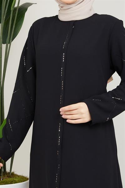 Taş Detaylı Büyük Beden Siyah Ferace SS2043