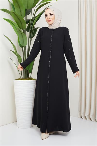 Taş Detaylı Büyük Beden Siyah Ferace SS2043