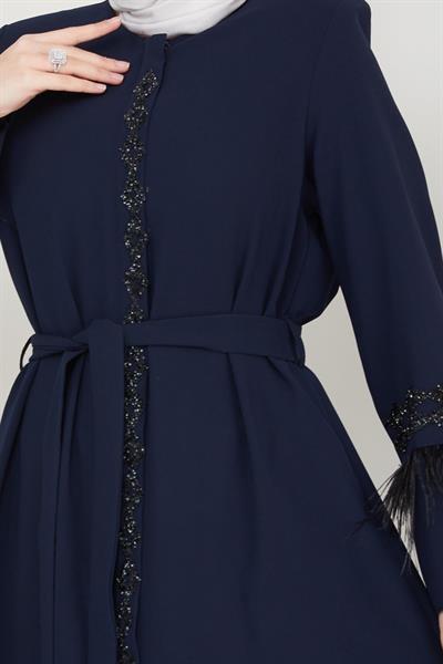 Tüy Detaylı Kuşaklı Ferace Lacivert SS2058