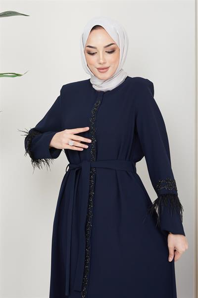 Tüy Detaylı Kuşaklı Ferace Lacivert SS2058