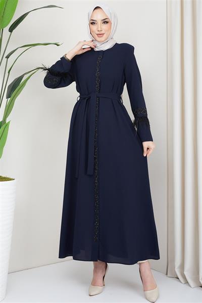 Tüy Detaylı Kuşaklı Ferace Lacivert SS2058