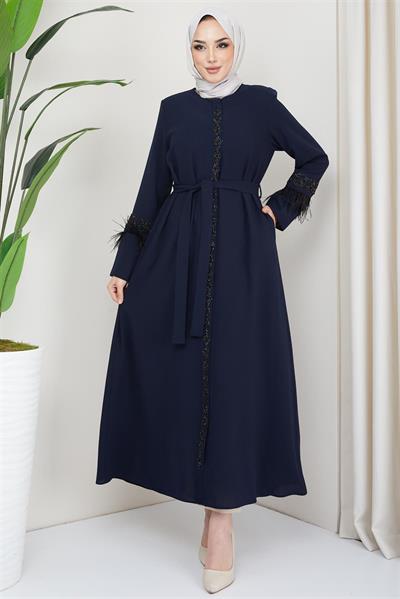 Tüy Detaylı Kuşaklı Ferace Lacivert SS2058