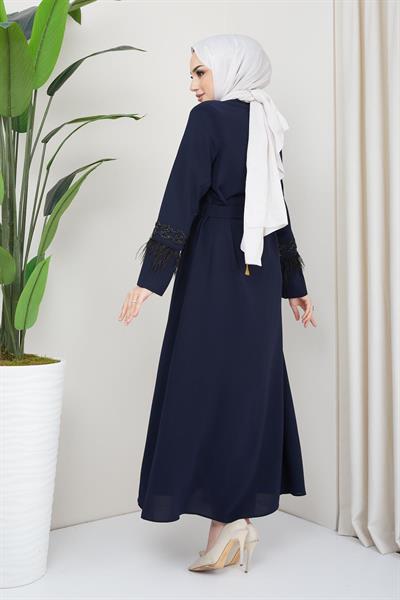 Tüy Detaylı Kuşaklı Ferace Lacivert SS2058