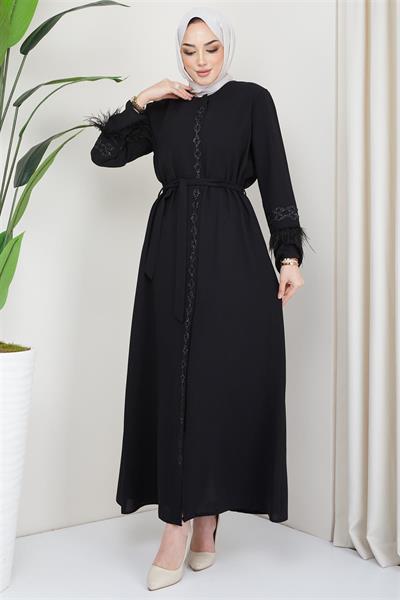 Tüy Detaylı Kuşaklı Ferace Siyah SS2058