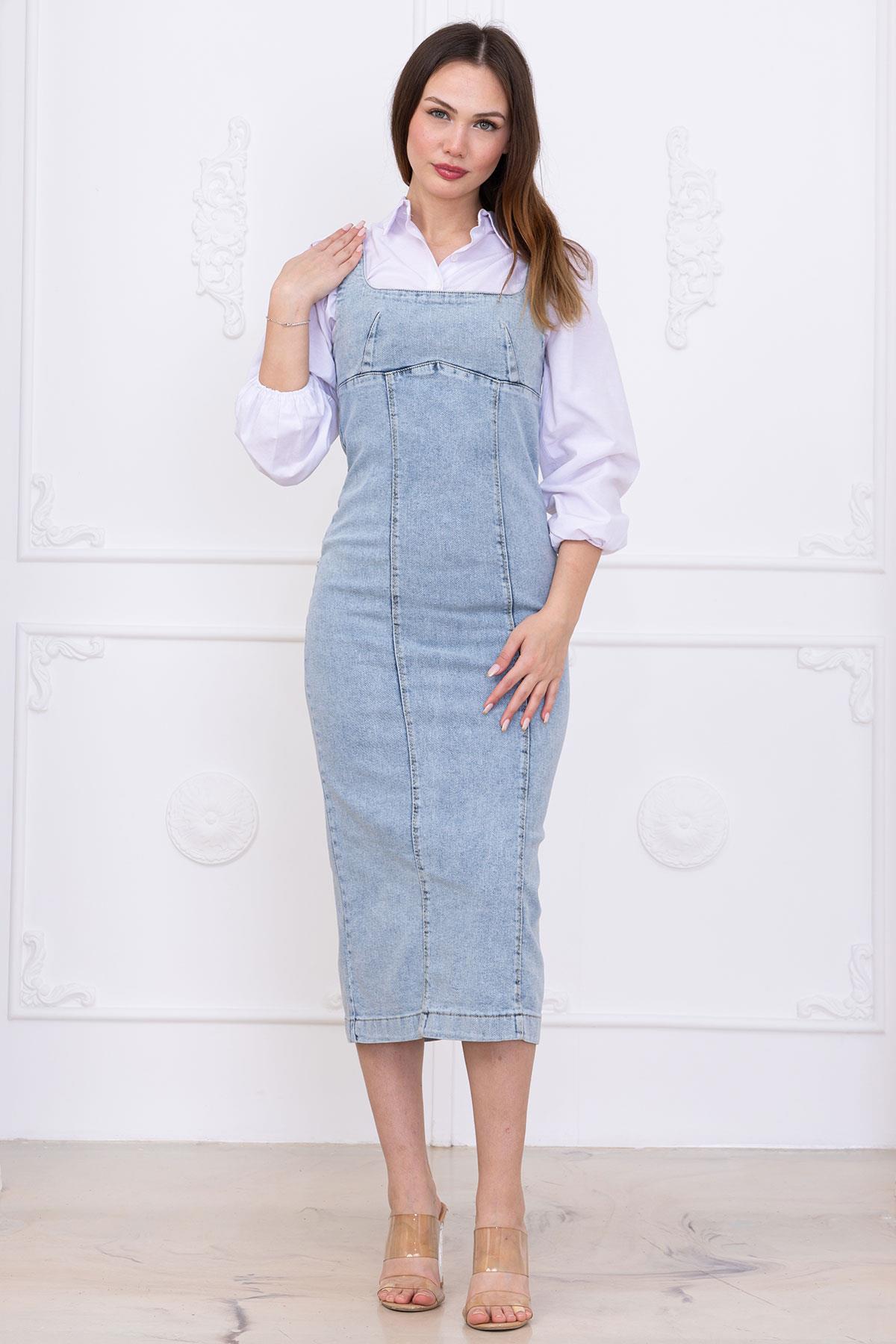 Askılı Kot Elbise Açık Mavi SS2696