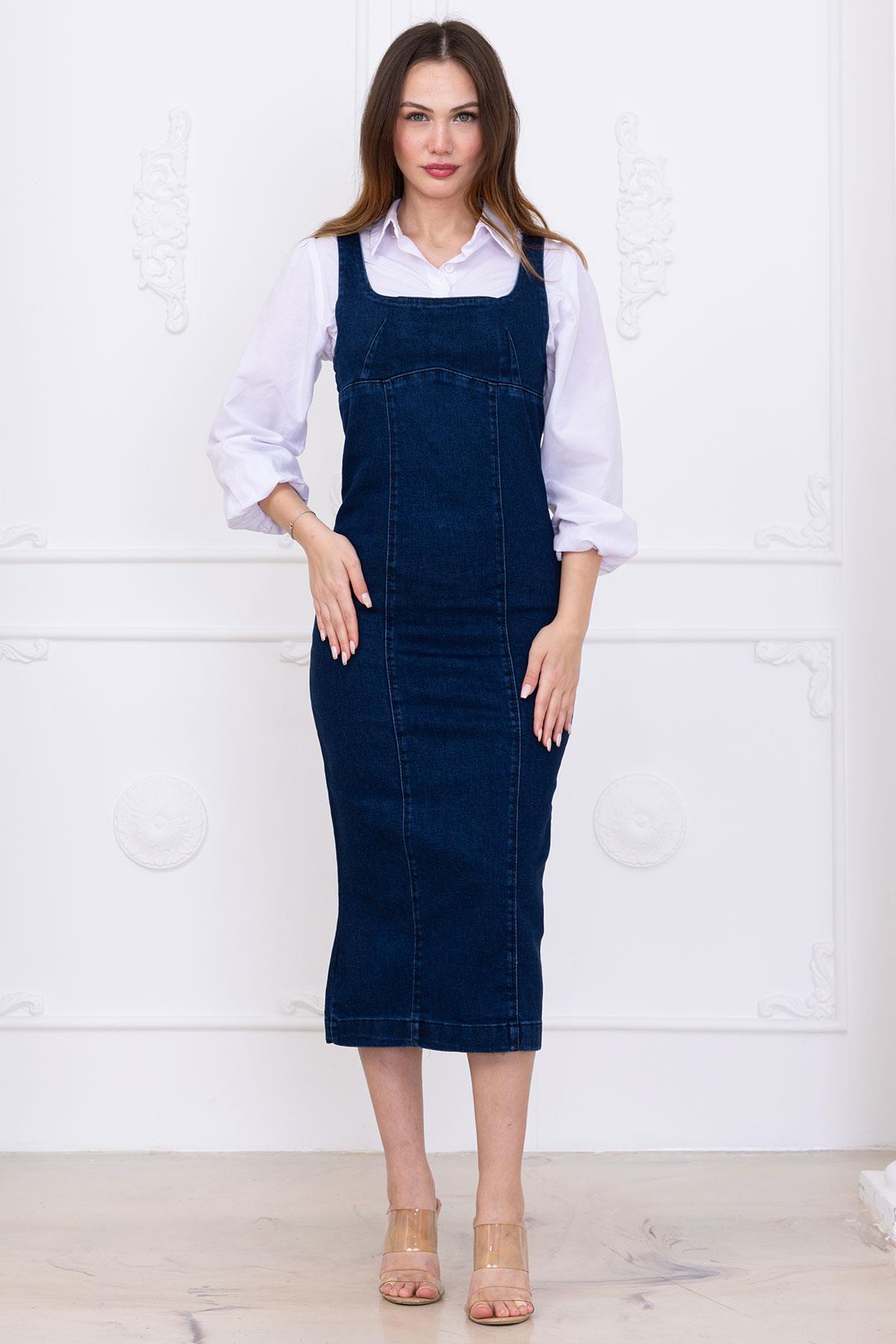 Askılı Kot Elbise Koyu Mavi SS2696