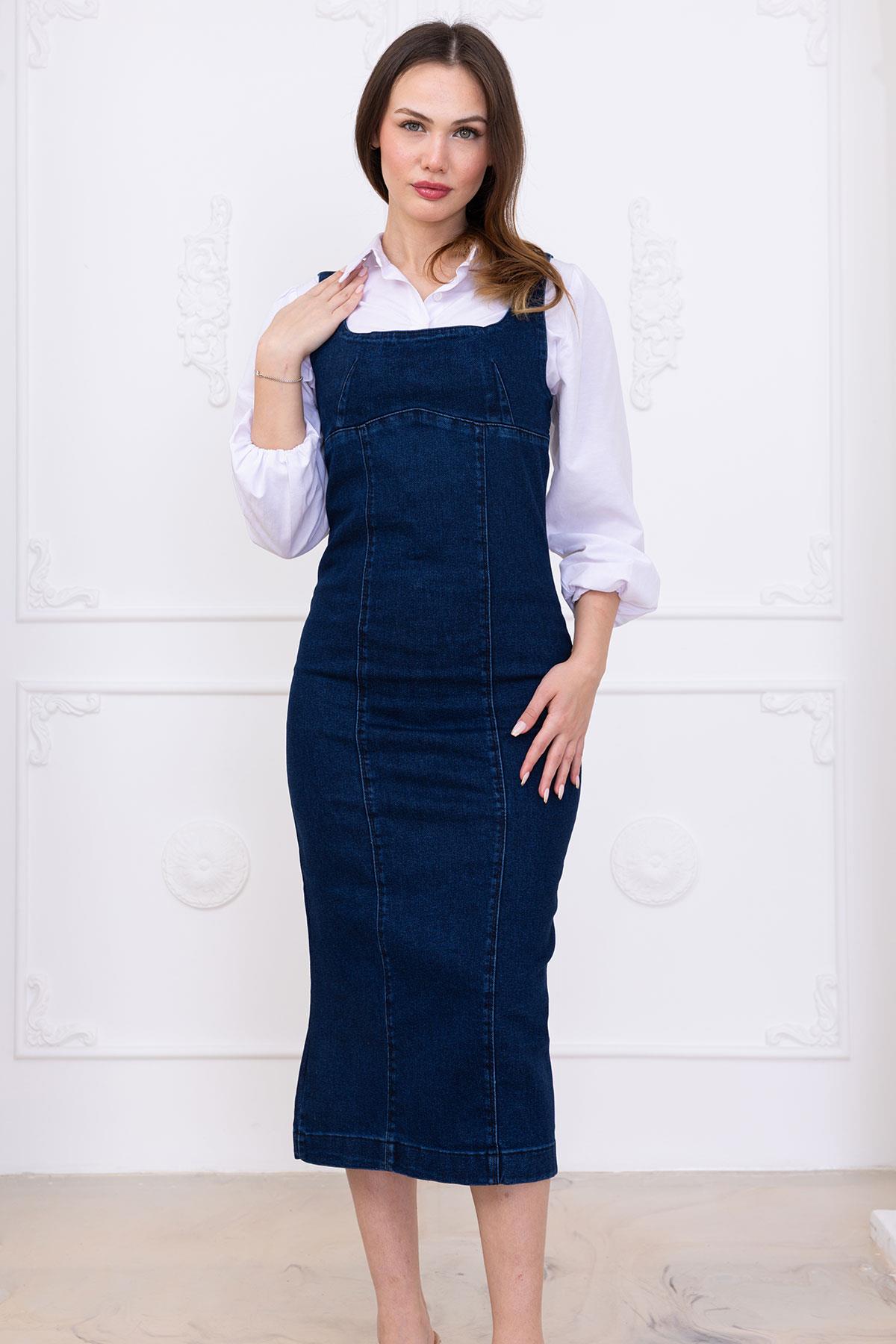 Askılı Kot Elbise Koyu Mavi SS2696