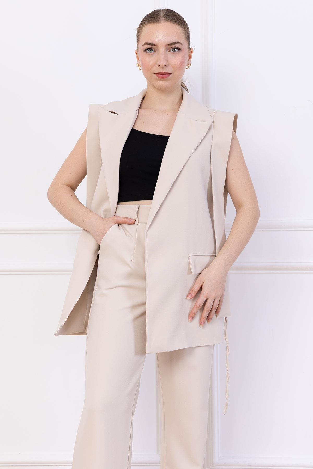 Bağlamalı Yelekli Takım Bej SS2750