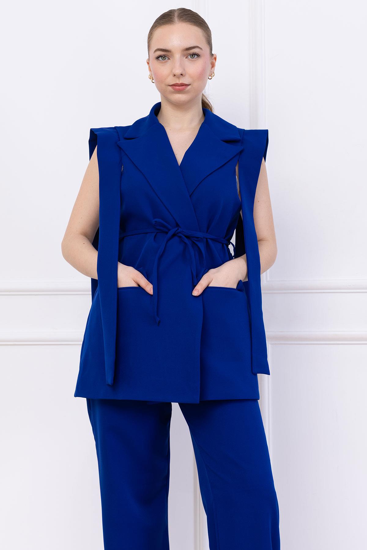 Bağlamalı Yelekli Takım Saks Mavisi SS2750