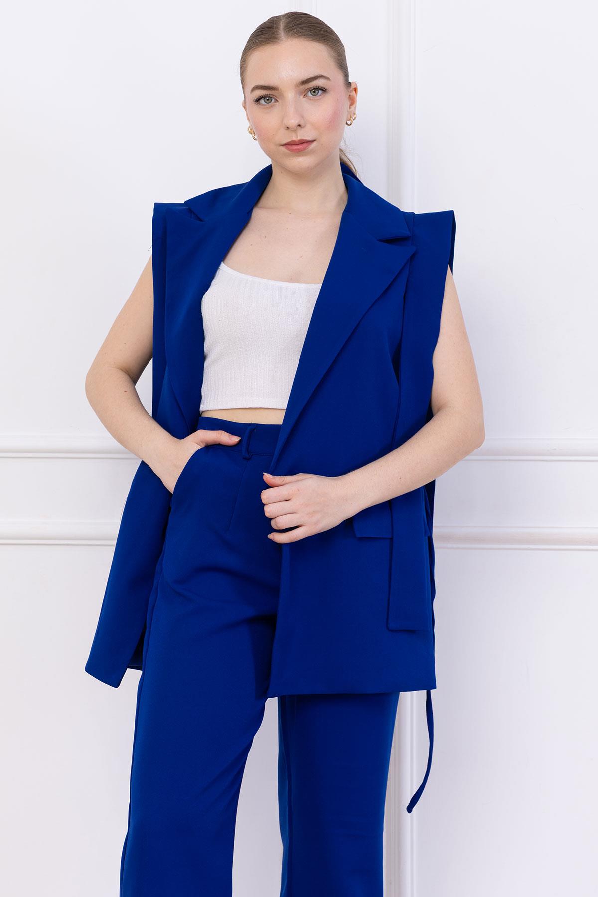 Bağlamalı Yelekli Takım Saks Mavisi SS2750