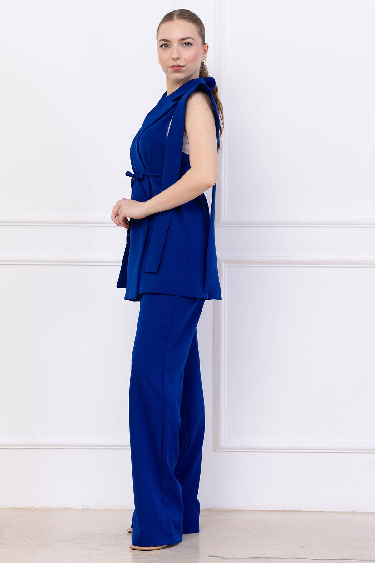 Bağlamalı Yelekli Takım Saks Mavisi SS2750