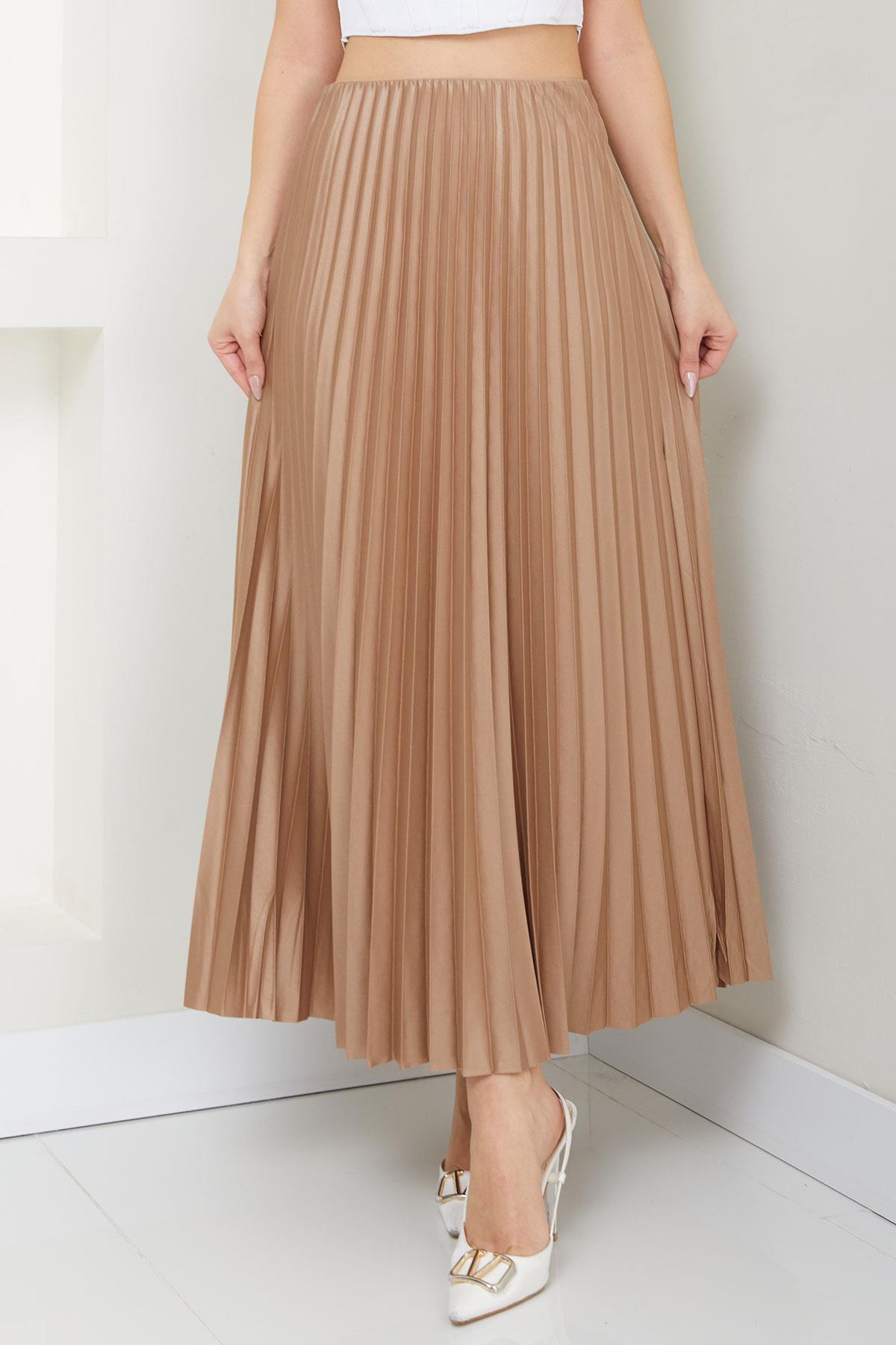 Beli Lastikli Deri Görünümlü Piliseli Etek Camel SS2655