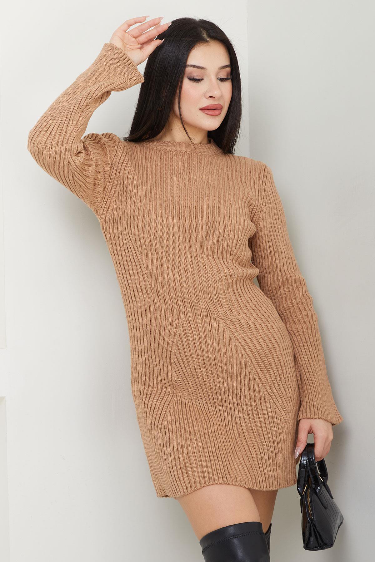 Bisiklet Yaka Mini Triko Elbise Camel SS2633