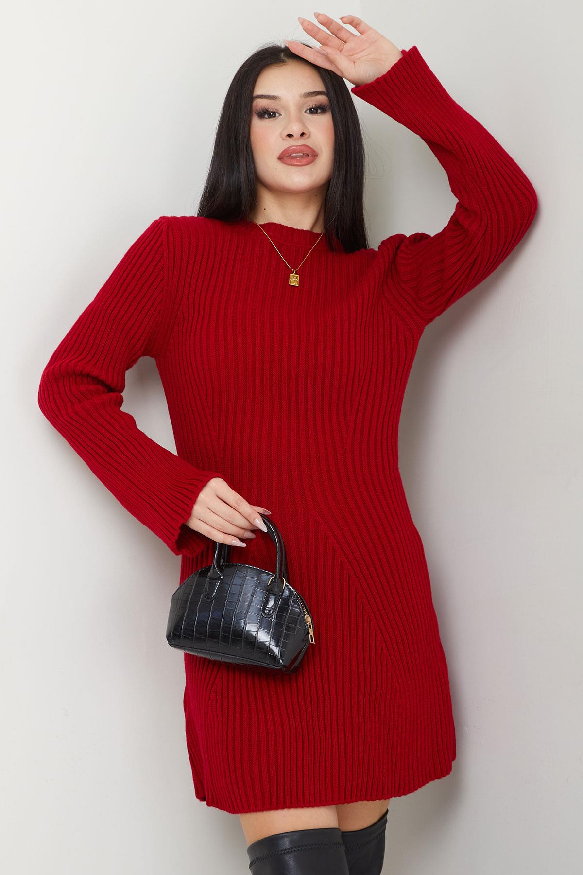 Bisiklet Yaka Mini Triko Elbise Kırmızı SS2633