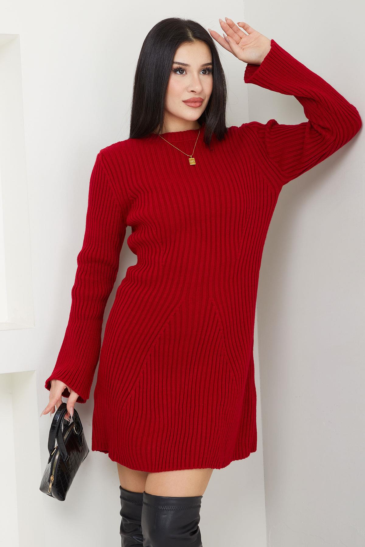 Bisiklet Yaka Mini Triko Elbise Kırmızı SS2633