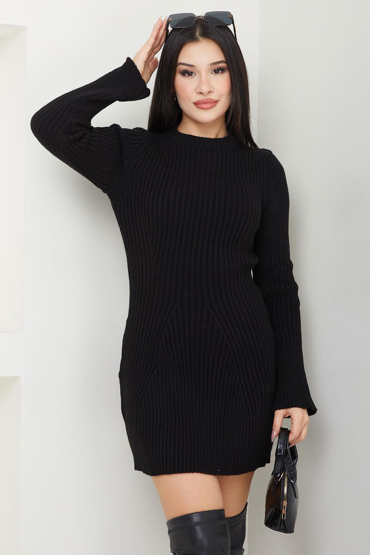 Bisiklet Yaka Mini Triko Elbise Siyah SS2633