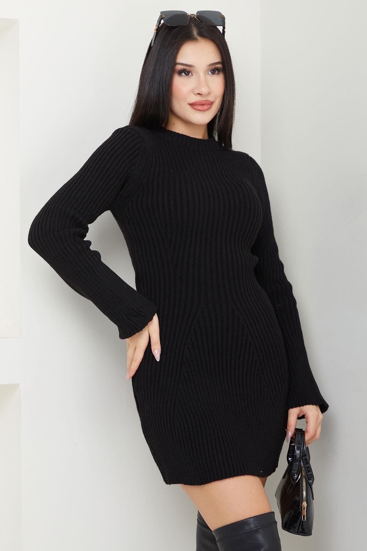 Bisiklet Yaka Mini Triko Elbise Siyah SS2633