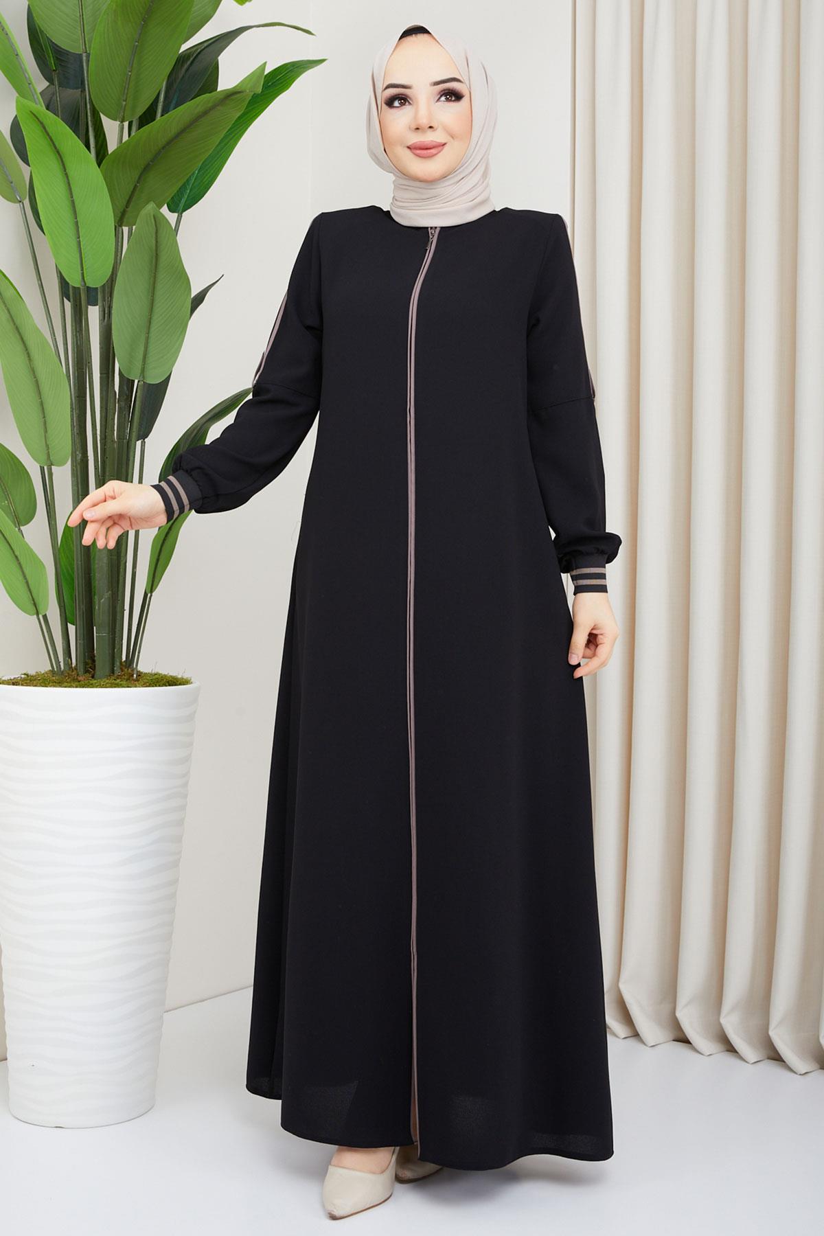 Biye Detaylı Siyah Ferace SS02045