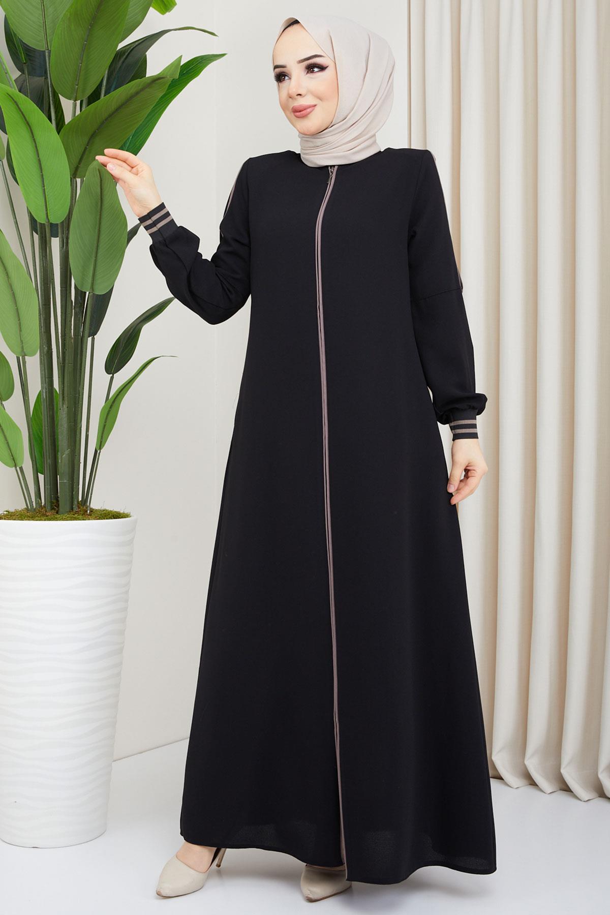 Biye Detaylı Siyah Ferace SS02045