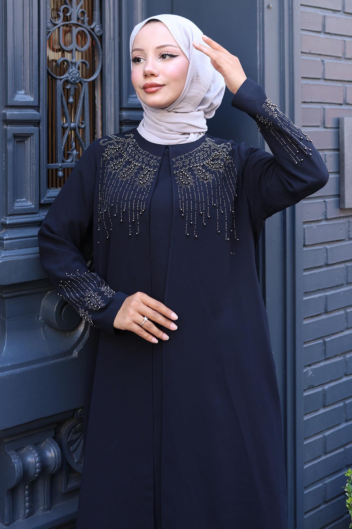 Boncuk ve Taş Detaylı Büyük Beden Anne Elbisesi Lacivert SS2769