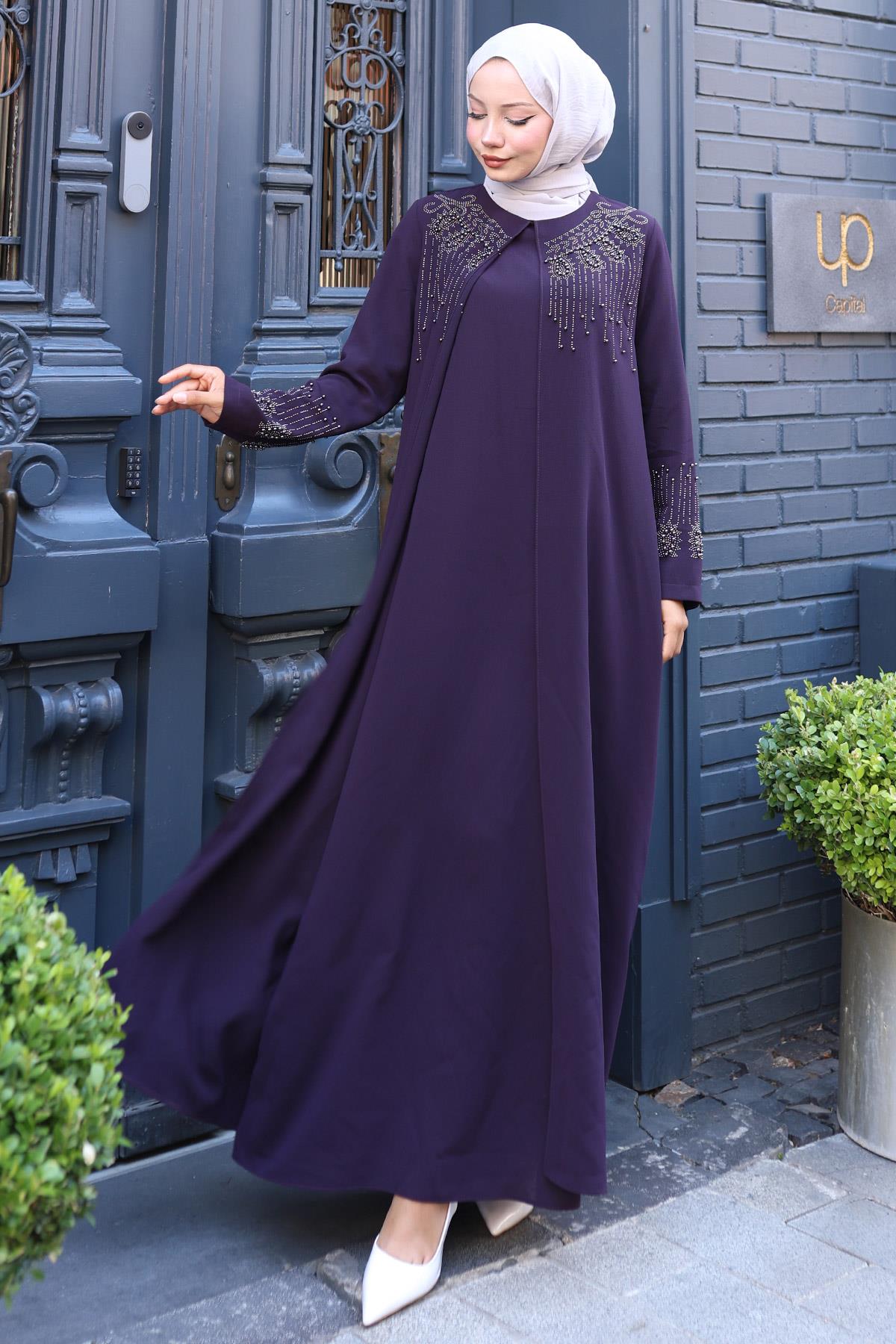 Boncuk ve Taş Detaylı Büyük Beden Anne Elbisesi Mürdüm SS2769